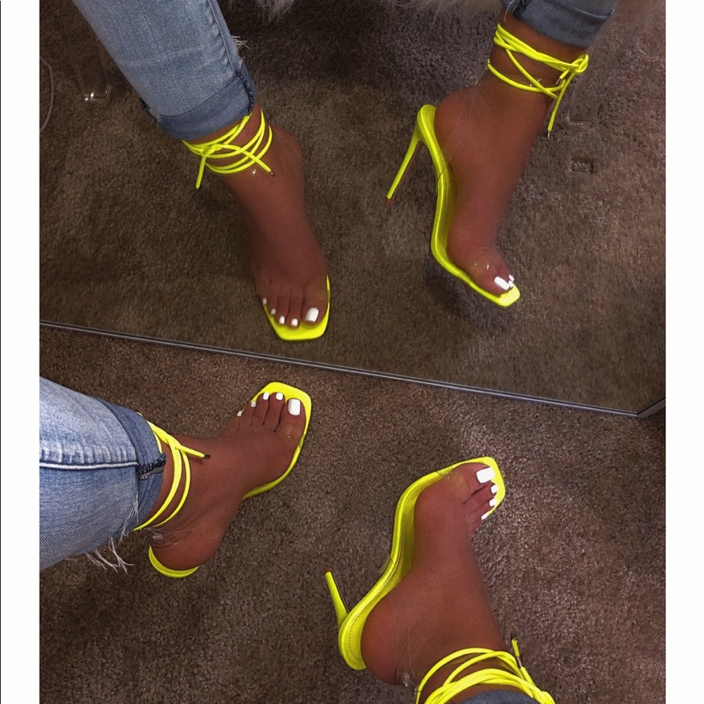 Clear and Neon Lime/ Neon Yellow Tie up Heels